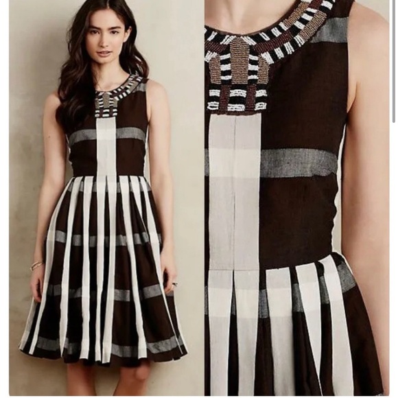 Anthropologie Maeve Women’s Brown Beaded Pleat Plaid Fit Flare Knee Length Dress - Picture 2 of 14
